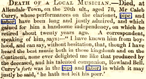 1847 Death notice for pipe and tabor player: